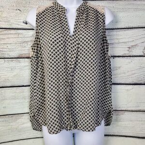 Heartloom Lace Back Sleeveless Blouse Large Black Beige Geo Print
